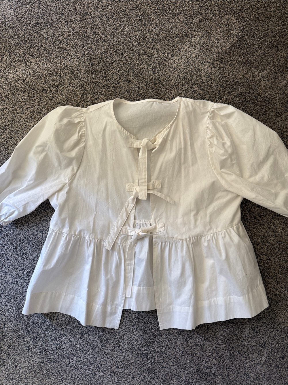 Cream Tie-Front Peplum Blouse with Puff Sleeves
